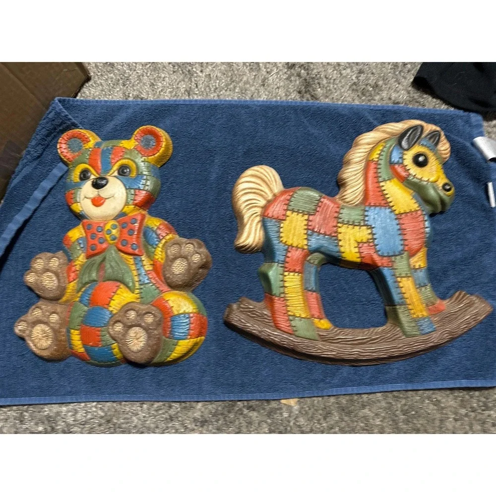 Vtg 1979 Foam Craft Nursery Teddy Bear &‎ Rocking Horse Wall Hangers Patchwork